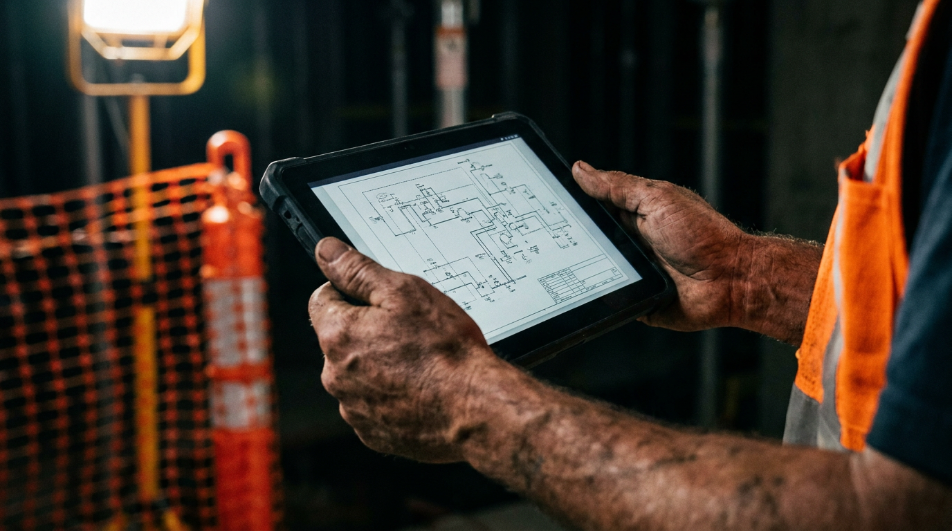 A commercial plumber reviews a digital schematic on a tablet, comparing Zurn vs Sloan digital specification tools for a project.